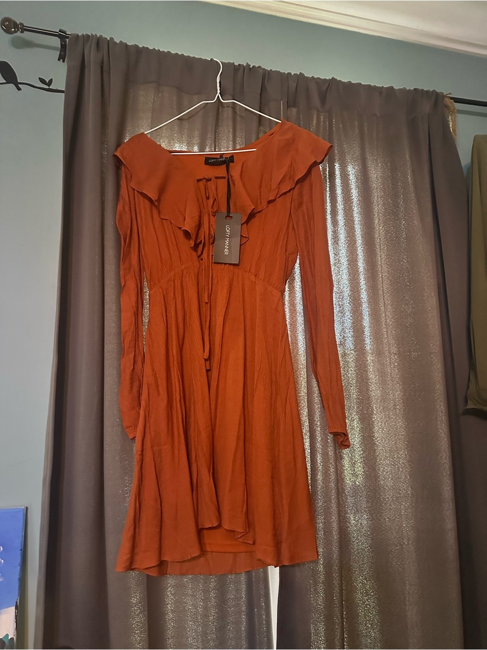 Love Tree Rust Long-Sleeve Ruffle Tie-Front Mini Dress - Picture 1 of 1